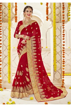 Red Faux  Georgette  Embroidered  Traditional  Saree 5902